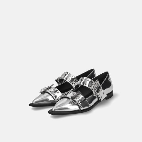 ラストワン30%OFF:ダブルストラップ フラットシューズ(m17045)シルバー/mamian(マミアン)