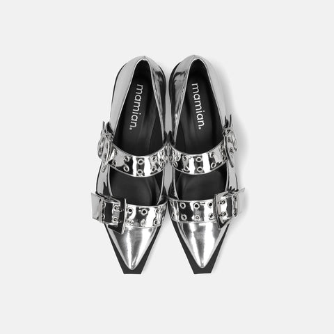ラストワン30%OFF:ダブルストラップ フラットシューズ(m17045)シルバー/mamian(マミアン)