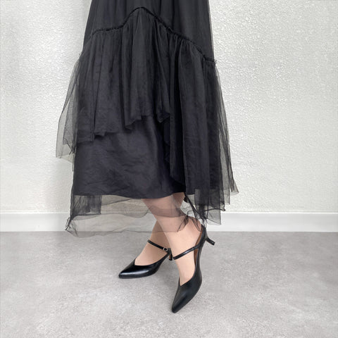 15%OFF:2024SS:甲ストラップ付き ミュールスタイル パンプス(m55216)ブラック/mamian(マミアン)