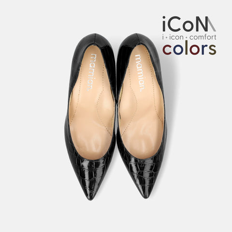 20%OFF：2024AW：iCoN COLORS：ポインテッドトゥ クロコ型押し パンプス（C76534）ブラックCR/mamian（マミアン）